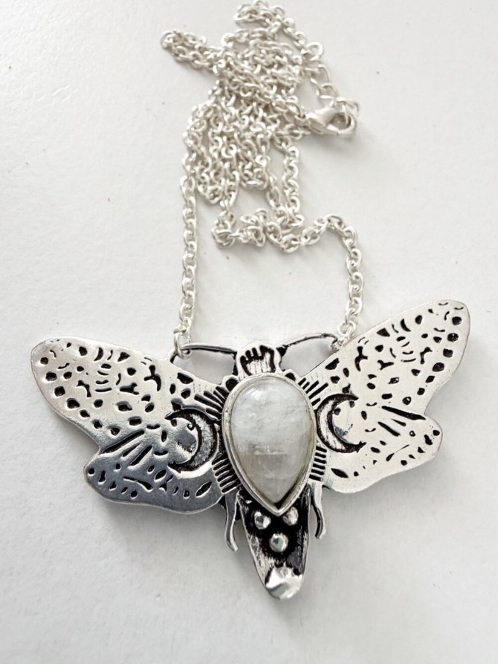 925 Sterling Silver Moonstone Moon Moth Pendant Necklace jewelry - Picture 3 of 9